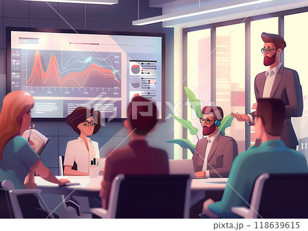 Professionals in office meeting, discussing TV presented infographics and graphs, 3D vector render 118639615