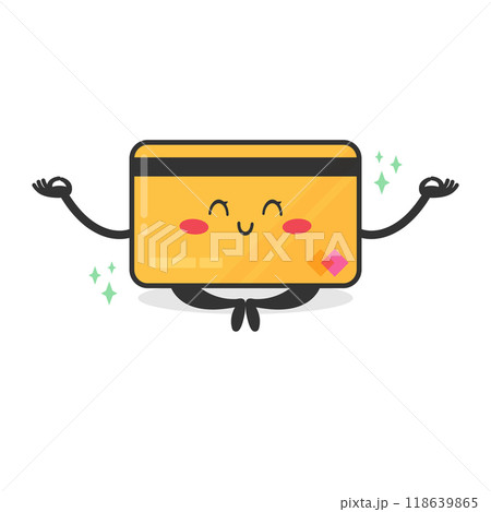 Cute cartoon credit card character in lotus position. Plastic card emoji character doing yoga. Vector illustration Cute cartoon credit card character in lotus position. Plastic card emoji character doing yoga. Vector illustration 118639865
