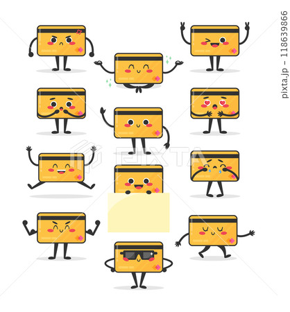 Set of cute cartoon credit card character. Plastic card mascot character. Vector illustration Set of cute cartoon credit card character. Plastic card mascot character. Vector illustration 118639866