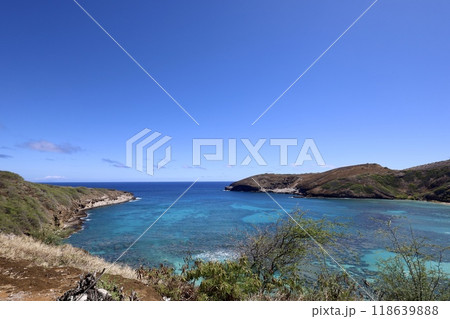 ハナウマ湾のサンゴ礁と青い海6 118639888
