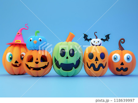 Halloween pumpkin characters, 3D isometric render, animated fun 118639997