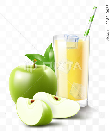 A glass of fresh apple juice or smoothie with ice cubes falling into the glass. Cup of cocktail or yogurt with green apple, isolated on transparent background. Realistic 3d vector A glass of fresh apple juice or smoothie with ice cubes falling into the glass. Cup of cocktail or yogurt with green apple, isolated on transparent background. Realistic 3d vector 118640027