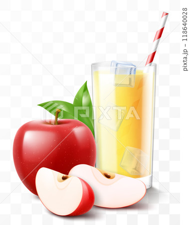 A glass of fresh apple juice or smoothie with ice cubes falling into the glass. Cup of cocktail or yogurt with red apple, isolated on transparent background. Realistic 3d vector 118640028