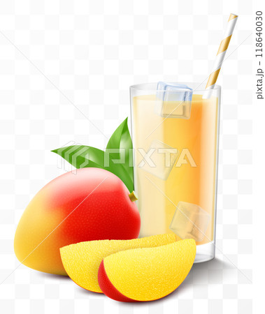 A glass of fresh mango fruit juice or smoothie with ice cubes falling into the glass. Cup of vitamin cocktail or yogurt with tasty mango, isolated on transparent background. Realistic 3d vector 118640030