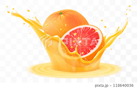 Fresh ripe grapefruit falls into a splash of juice, isolated on transparent background. Realistic 3d vector illustration. Summer vitamin food and drink. Splash of grapefruit juice or smoothie, 118640036