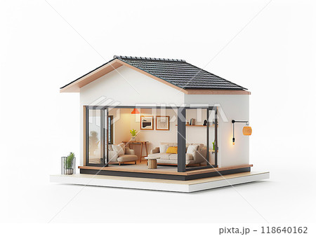 Modern tiny loft-style house mockup, 3D isometric view, white background, clean architecture 118640162