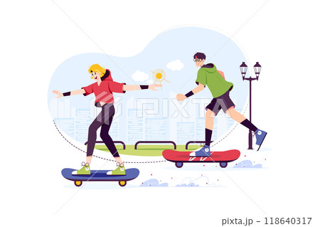 School girl and boy skateboarding at street 118640317