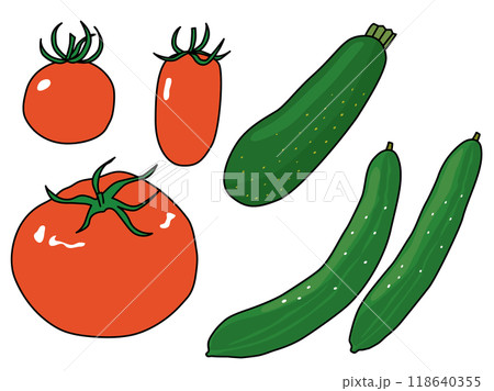 トマトとズッキーニときゅうりの夏野菜イラストセット　主線あり 118640355