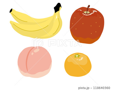 バナナとリンゴと桃とみかんのフルーツイラストセット フラットテイスト バナナとリンゴと桃とみかんのフルーツイラストセット フラットテイスト 118640360