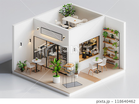 Isometric view of a tiny loft-style cafe, 3D mockup, white background, modern design elements 118640462