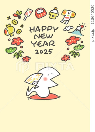 新年の挨拶をする蛇　年賀状　座布団　2025 118640520