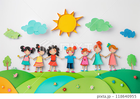 Children holding hands, papercut style, joyful and colorful, simple white backdrop 118640955