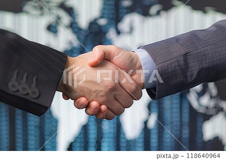 Business handshake in front of a blurred digital world map background 118640964