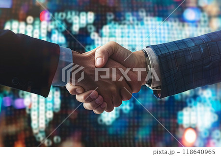 Business handshake in front of a blurred digital world map background 118640965