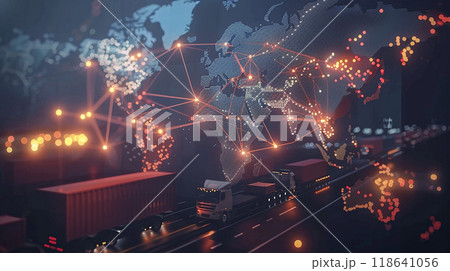 Global transportation and distribution hub map, supply chain network, abstract background, digital style 118641056