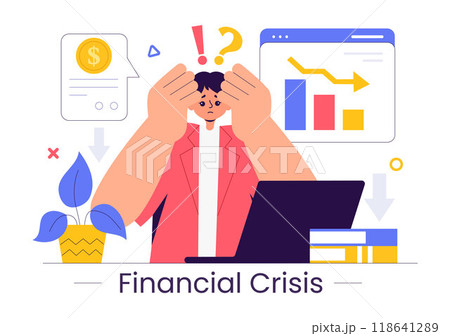 Financial Crisis Vector Illustration of Bankruptcy, Economic Collapse, and Cost Reduction with a Down Arrow in a Flat Style Cartoon Background Financial Crisis Vector Illustration of Bankruptcy, Economic Collapse, and Cost Reduction with a Down Arrow in a Flat Style Cartoon Background 118641289