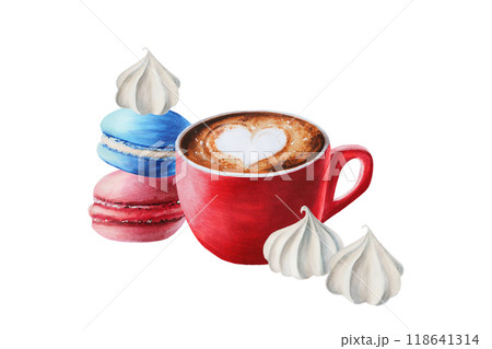 Watercolor fluffy foam cappuccino illustration coffee in a porcelain cup with macaroons, meringue, marshmallow. Hand painting on isolated background. For designers, menu, shop, bar, bistro, restaurant Watercolor fluffy foam cappuccino illustration coffee in a porcelain cup with macaroons, meringue, marshmallow. Hand painting on isolated background. For designers, menu, shop, bar, bistro, restaurant 118641314