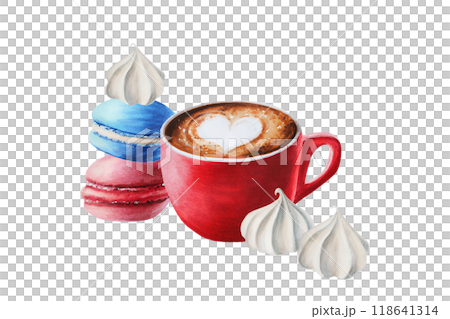 Watercolor fluffy foam cappuccino illustration coffee in a porcelain cup with macaroons, meringue, marshmallow. Hand painting on isolated background. For designers, menu, shop, bar, bistro, restaurant Watercolor fluffy foam cappuccino illustration coffee in a porcelain cup with macaroons, meringue, marshmallow. Hand painting on isolated background. For designers, menu, shop, bar, bistro, restaurant 118641314