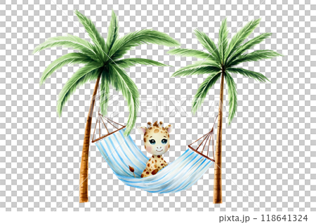 Cute baby giraffe on striped hanging hammock with Green palm trees. Lazy summer clipart. Watercolor hand drawn floral jungle illustration isolated on background. For designers, postcards, greetings, b Cute baby giraffe on striped hanging hammock with Green palm trees. Lazy summer clipart. Watercolor hand drawn floral jungle illustration isolated on background. For designers, postcards, greetings, b 118641324