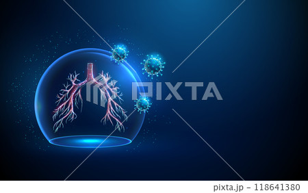 Abstract blue human bronchial tree inside a glass dome attacted by viruses. Neon sphere shield 118641380