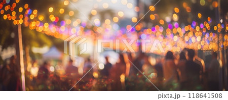 blurry garden background decorated with colorful fairy lights in summer 118641508