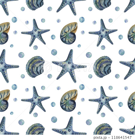 Seamless pattern with starfish, shells, bubbles. Illustration with the underwater world is hand-drawn with watercolors in blue and green shades. For textile design, fabrics, wallpaper, printing. Seamless pattern with starfish, shells, bubbles. Illustration with the underwater world is hand-drawn with watercolors in blue and green shades. For textile design, fabrics, wallpaper, printing. 118641547