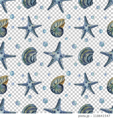 Seamless pattern with starfish, shells, bubbles. Illustration with the underwater world is hand-drawn with watercolors in blue and green shades. For textile design, fabrics, wallpaper, printing. Seamless pattern with starfish, shells, bubbles. Illustration with the underwater world is hand-drawn with watercolors in blue and green shades. For textile design, fabrics, wallpaper, printing. 118641547