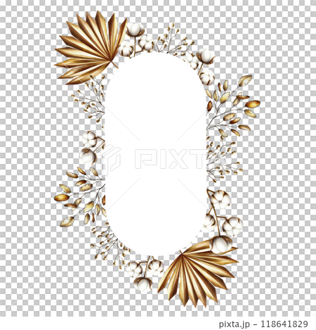 Frame, logo with dried branch, pampas grass, cotton flowers. Watercolor hand drawn boho plants isolated on background. Christmas, winter, and wedding illustration. For designers, invitations, decorati 118641829