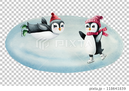 Cute smiling penguins skate on Ice rink. Christmas north animals, watercolor hand painted illustration isolated on background. For designers, decoration, shop, for postcards, wrapping paper, covers. F 118641839