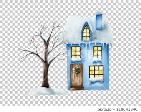 Winter snow-covered house. Christmas watercolor tree without leaves, hand painted illustration isolated on background. For designers, decoration, shop, for postcards, wrapping paper, covers. For poste Winter snow-covered house. Christmas watercolor tree without leaves, hand painted illustration isolated on background. For designers, decoration, shop, for postcards, wrapping paper, covers. For poste 118641840