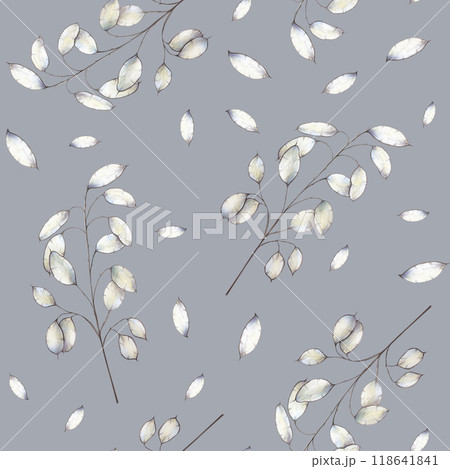 Realistic boho seamless pattern with dried branch. Watercolor hand drawn lunaria, flower, grass clipart isolated on background. Christmas, winter, halloween and wedding illustration. For designers 118641841