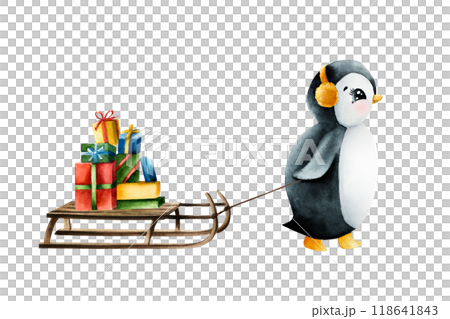 ute smiling penguin with yellow earmuffs pulling wood winter sleigh with stack gifts. Christmas present boxes with ribbons, watercolor hand painted sled illustration isolated on background. For desig 118641843
