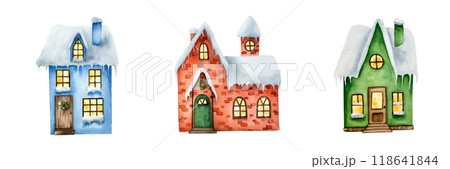 Winter snow-covered houses. Christmas watercolor hand painted illustrations isolated on background. For designers, decoration, shop, for postcards, wrapping paper, covers. For posters and textile. Winter snow-covered houses. Christmas watercolor hand painted illustrations isolated on background. For designers, decoration, shop, for postcards, wrapping paper, covers. For posters and textile. 118641844