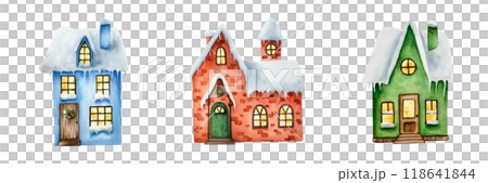 Winter snow-covered houses. Christmas watercolor hand painted illustrations isolated on background. For designers, decoration, shop, for postcards, wrapping paper, covers. For posters and textile. 118641844