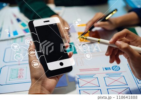 UX developer and ui designer brainstorming about mobile app interface wireframe design with customer breif and color code, User experience concept. 118641888
