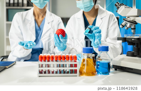 Chemist scientist holding test tube and tablet conducting experiment in laboratory with equipment, science concept. Chemist scientist holding test tube and tablet conducting experiment in laboratory with equipment, science concept. 118641928
