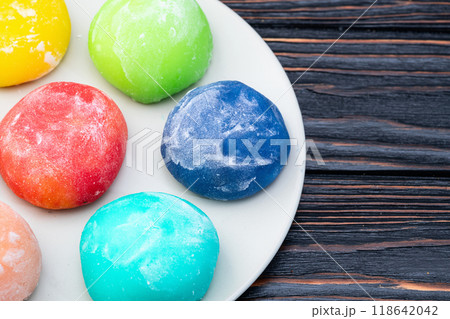 Mix of colorful mochi . Traditional japanese dessert Mix of colorful mochi . Traditional japanese dessert 118642042
