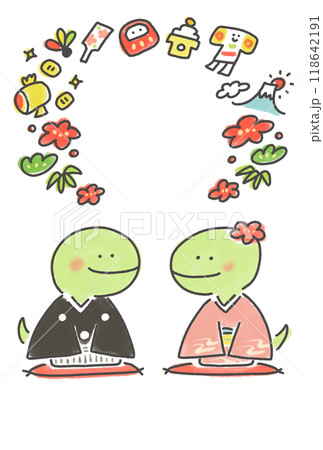 新年の挨拶をする二匹の蛇　年賀状素材　着物　縁起物フレーム 118642191