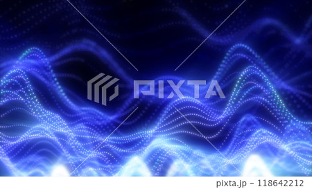 Vibrant pink and purple light waves pulse across a dark background, creating a futuristic and dynamic energy flow with glowing, abstract lines and smooth curves 118642212