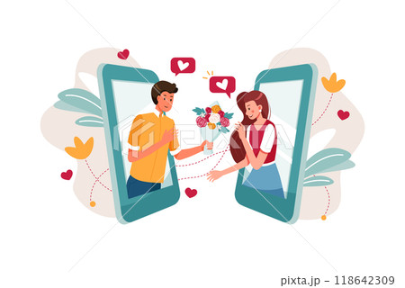 Boy gifting flower to girlfriend through an online dating app Boy gifting flower to girlfriend through an online dating app 118642309
