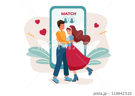 Couple finding a perfect match on online dating app Couple finding a perfect match on online dating app 118642310