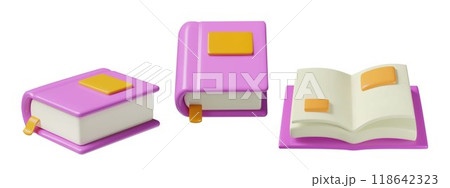 Books in purple cover 3d vector elements set open and closed student textbook or dictionary Books in purple cover 3d vector elements set open and closed student textbook or dictionary 118642323