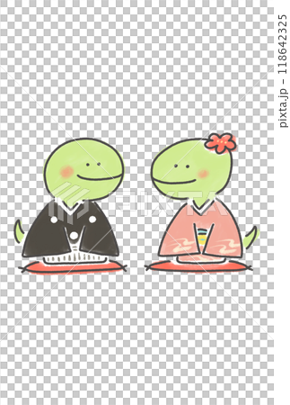 Two snakes sitting on a cushion, New Year's card material, Kimono, Couple Two snakes sitting on a cushion, New Year's card material, Kimono, Couple 118642325