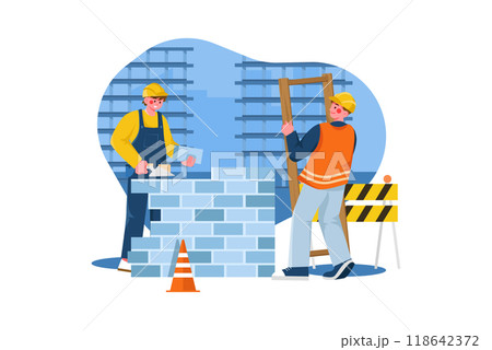 Construction workers building a house 118642372