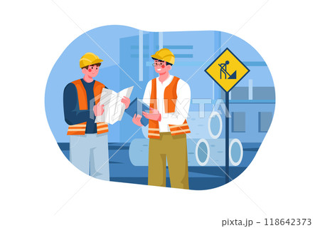 Construction workers checking building plan 118642373