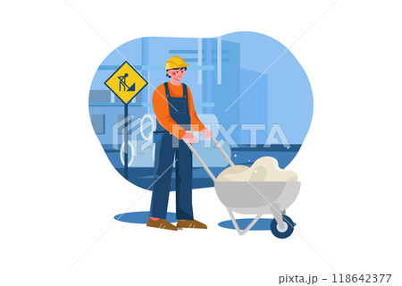 Construction worker pushing a sand trolley 118642377
