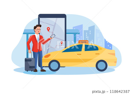 Businessman Using Mobile To Book Taxi Service Businessman Using Mobile To Book Taxi Service 118642387