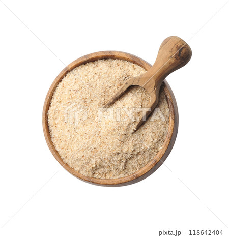 Psyllium husks in wooden plate 118642404