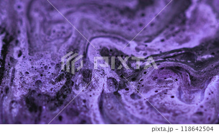Sparkling fluid flow. Shimmering liquid gel. Abstract emulsion with small bubbles paint purple acrylic amethyst color gloss mix wave background. 118642504