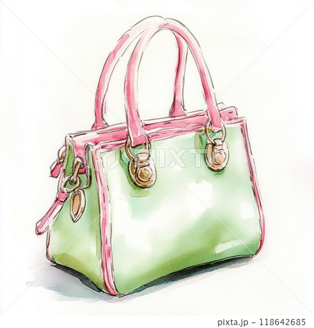 A stylish pastel green handbag with pink accents showcased on a simple backdrop for a modern look 118642685